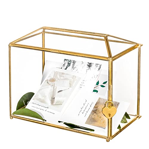 NCYP Small 10.2" x 5.9" x 7.9" Glass Cards Box with Slot and Lock for Wedding Reception - Birthdays Party Card Holder, Home Geometric Decorative, Clear Gold Terrarium (Glass Box Only)