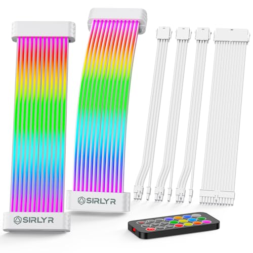 Sirlyr RGB PSU Cable Extensions Set with Lighting Panels, 24-Pin Motherboard & 3×8-Pin GPU Extensions - 120 LEDs, 6 Light Strips, ARGB Remote Control, Modular Design
