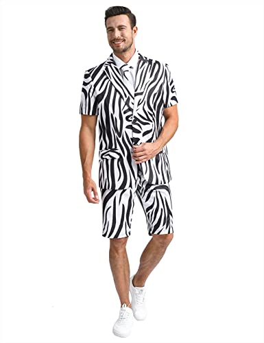 Fashonal Mens Zebra Print Costume Suits for Prom Themed Party, Short Sleeve Blazer Shorts Set with Tie, Zebra Print Size L