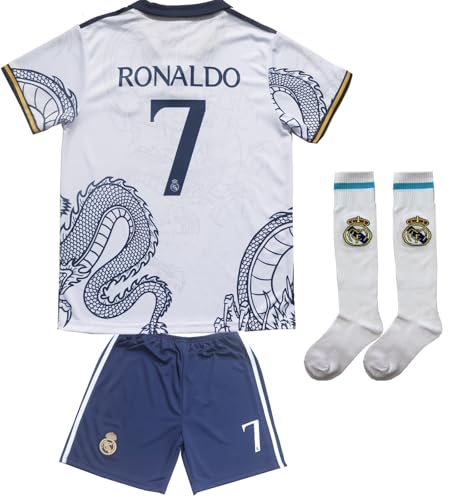 PURESTOF Madrid Ronaldo No #7 Special Dragon Edition Kids Soccer Jersey Kit Shorts Socks Set Youth Sizes (White, 26 (8-9 Years Old)).