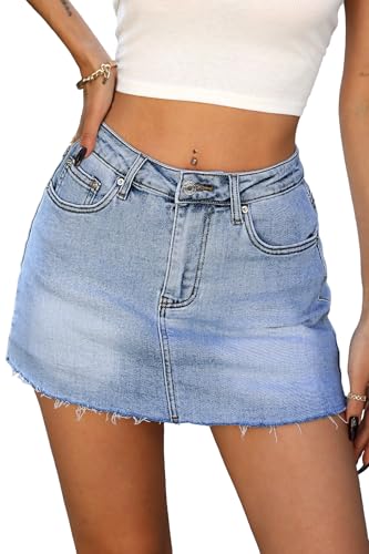ELLEVEN Jean Skirt for Women Jean Mini Skort Shorts Underneath Y2k Casual Raw Hem High Waisted Low Rise Stretch Cotton A Line Button Short Skirts with Pockets Summer Trendy Blue Denim X-Large
