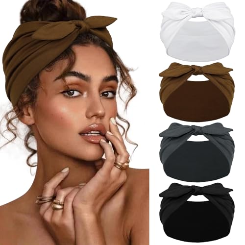 Huachi 4 Packs Bow Headbands for Women Girls, Wide Head Bands for Women's Hair Non Slip Soft Elastic Hair Bands, African Thick Workout Gym Turban Bandanas Head Wraps Hair Accessories (Fashion)