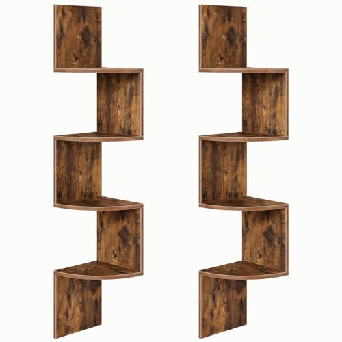 HOOBRO Corner Shelf Wall-Mounted, Set of 2 Floating Corner Shelves, 4-Tier Corner Bookshelves for Wall Decor in Living Room, Bedroom, Bathroom, Home Office, Rustic Brown BF25BJP201