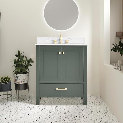 Vitrasa 30 Inch Bathroom Vanity with Sink, Free Standing Single Sink Bathroom Vanity Wood Bath Cabinet, Engineered Stone Top & Backsplash, 2 Doors & 1 Dovetail Drawer in Vintage Green, Fully Assembled