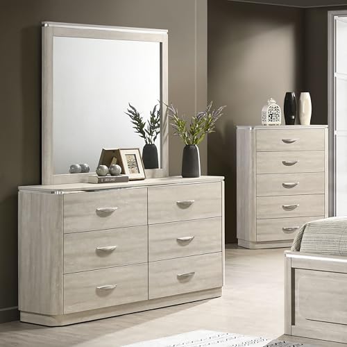 Furniture of America Pollan Modern Solid Wood 6-Drawer Dresser and Mirror with Curved Edges, Plinth Base, Stainless Steel Finger Pulls, Silver Trims for Bedroom, Guest Room, Dusty Gray