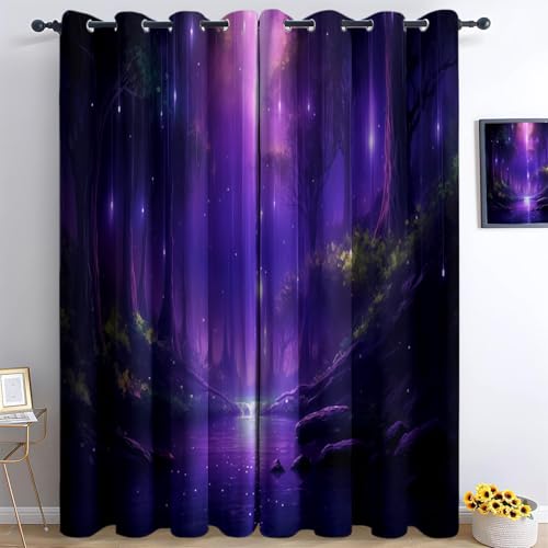 Blackout Curtains 60" W X 84" L (Total 2 Pieces) Fantasy Forest Trees Stream 80% Light Blocking Thermal Insulated Window Drapes, Room Darkening Curtains with Grommet Top Purple Blue
