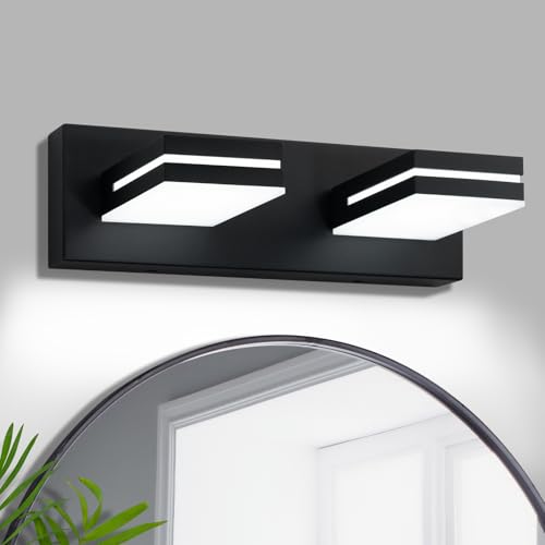 OKELI 2 Light Black Bathroom Vanity Light Over Mirror Modern LED Dimmable Bathroom Light Fixture Black 350° Rotatable Lamp Head 16W 6000K Cold White ETL Listed