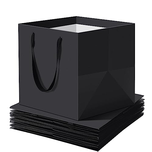 Tenceur 50 Pack Black Gift Bags with Handles 10 x 10 x 10 Inches Square Reusable Gift Paper Bag Wrap Black Shopping Containers for Present Wedding Birthday DIY Presents Doll Party Favor