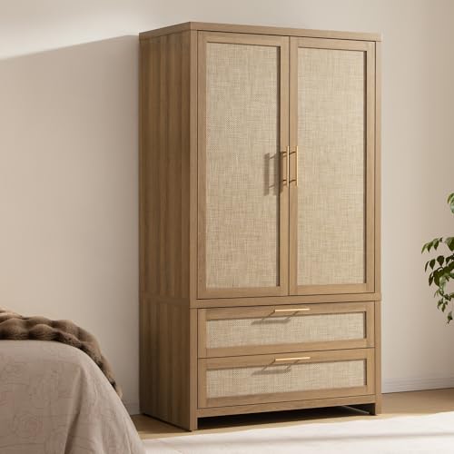 SICOTAS Rattan Armoire Wardrobe Closet Cabinet, 71" Tall Wardrobe Storage Cabinet with Doors, Larger Drawers and Hanging Rod, Boho Armoire Clothes Organizer for Bedroom, Laundry Room, Cloak Room, Oak