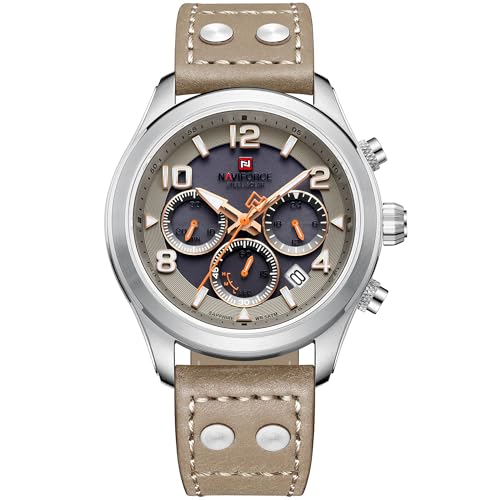 NAVIFORCE Mens Solar Powered Sports Chronograph Watch Military Tactical 12/24 Hour Time Luminous Hands Leather Strap Wristwatch 5ATM Waterproof
