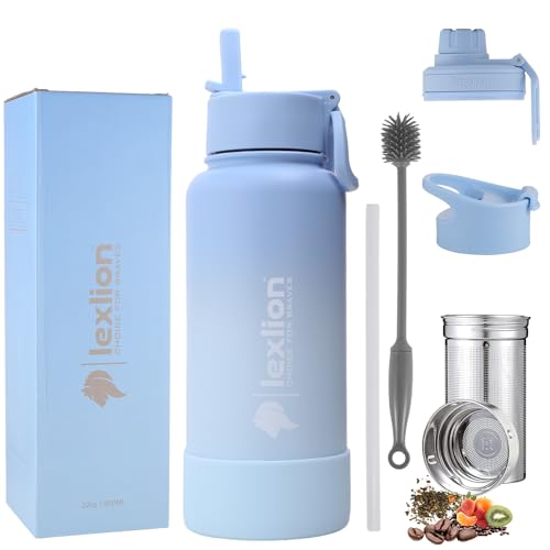 Lexlion 32 Oz Triple Walled Insulated Stainless Steel Fruit Infuser Bottle - Tea Infuser Water Bottle with 3 Lids, Silicone Sleeve, Leakproof, Metal Mug Gallon