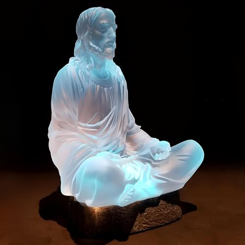 Jesus Statue for Home Decor 8" Sea Glass (Frosted Acrylic) - Meditation Decor with LED Lights - Sculpture for Any Room - Christian, Spirtual Gift for Women & Men