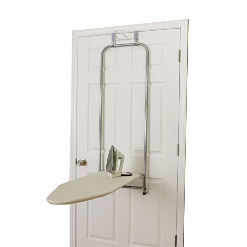 Household Essentials 144222 Over The Door Small Ironing Board with Iron Holder, Natural Cotton Cover Silver