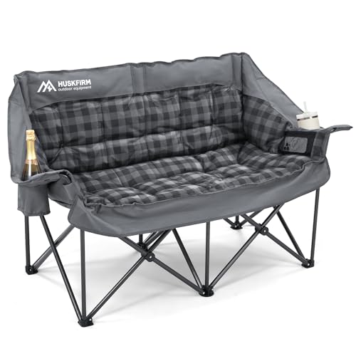 Huskfirm Double Camping Chairs Padded Loveseat Chair for 2 Person - Heavy Duty Oversized Camping Couch for Adults Outdoor Lawn Beach - Portable Folding Sofa with Cup Holders and Carry Bag, Grey