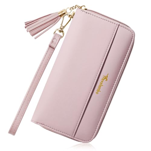 Travelambo Womens Wallet Tassel Bifold Ladies Clutch Wristlet Wrist strap Long Purse (Access Pink Lotus)