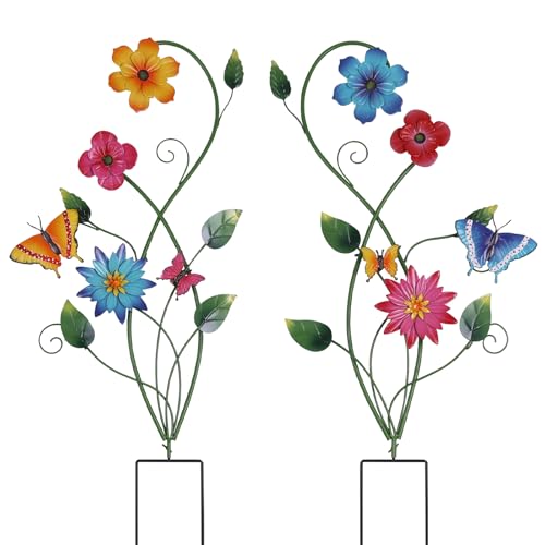 YEAHOME Garden Decor for Outside, 2 Pack 37“ Metal Butterfly Garden Stakes Spring Decor, Colorful Look & Personalities Flowers Yard Art for Outdoor Lawn Backyard Porch Patio Decorations