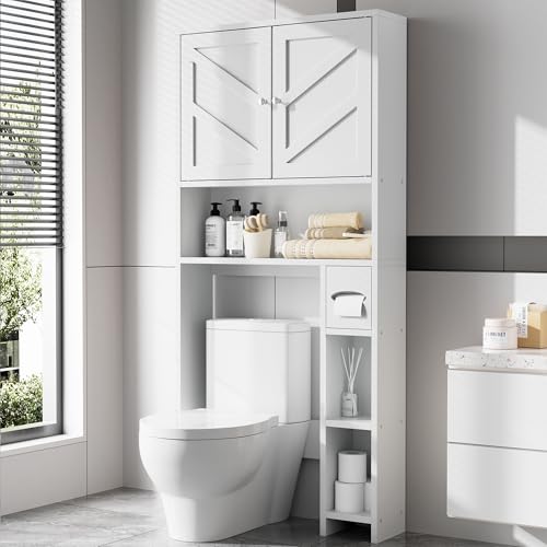 Meilocar Over The Toilet Storage Cabinet, Freestanding Storage Cabinet Over Toilet, Bathroom Storages Organizer Cabinets with Toilet Paper Holder Stand and Adjustable Shelf, White
