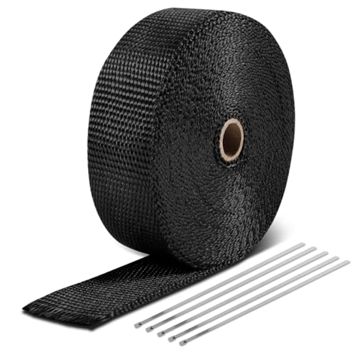 DNA MOTORING 2" x 50' Exhaust Header Wrap Heat Wrap for exhaust pipes, Exhaust Tape Pipe Heat Tape for Motorcycle Fiberglass Heat Shield Tape with 5pcs Stainless Ties, 1 Roll, Black, WRAP-50-ZIP-BK-1P