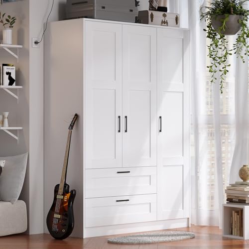 Fenghua Lizhi 3 Doors Wooden Wardrobe Closet Armoire, White Storage Cabinet for Hanging Clothes, Bedroom Large Capacity Freestanding Armoire,Wood Wardrobe Combination with Shelves (2drawer, White)