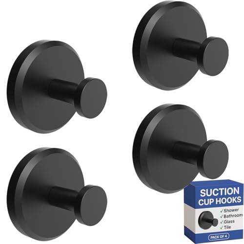HOME SO Suction Cup Hooks for Shower, Bathroom, Kitchen, Glass Door, Mirror, Tile – Loofah, Towel, Coat, Bath Robe Hook Holder for Hanging up to 15 lbs – Waterproof & Rustproof, Matte Black (4-Pack)