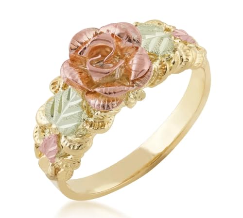 10k Yellow Gold 3D Rose Flower Accent Band, 12k Green Gold, 12k Rose Black Hills Gold Solid Gold Statement Ring Jewelry for Women, Ladies, Teens Size 5