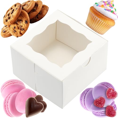 BAKELUV 100pcs White Small Cookie Boxes with Window, 4x4x2.5 Inches Bakery Boxes, Mini Cake, Treats, Macaron Packaging, Individual Cupcake, Gift Giving