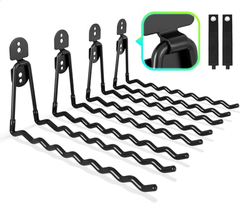 COCOYA Garage Hooks 4-Pack, 11.8" Long Large Shed Storage Hanger Garden Tool Hook Heavy Duty Wall Mount Double Holder with 2 Extension Cord Storage Straps, Organize Yard Utility Hanging Ladder Black