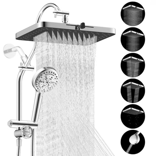 Hibbent Upgraded 13'' Shower Head Combo, High Pressure 5 Spray Rainfall Showerhead, 10 Spray Mode Handheld, All Metal Easy Reach 4-way Diverter Shower Arm with Pause Mode, 71'' Hose and Holder, Chrome