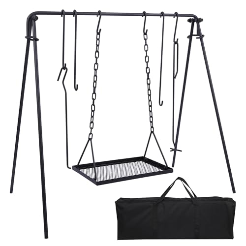 REDCAMP Grill Swing Campfire Grill Stand with Iron Grill Grate, Collapsible Campfire Cooking Rack w/6 Hooks,Portable Cookware Hanging Rack Outdoor Camping Bonfire for Cookware & Dutch Oven,Rectangle