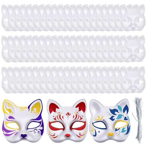 Luenghaoyun 60 Pcs DIY Unpainted White Masquerade Cat Mask Bulk with Elastic Cord for Mardi Gras Carnival Party Opera Masquerade Cosplay Dance Halloween Party