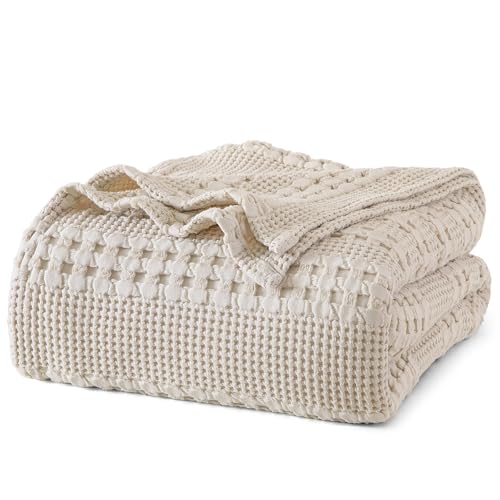 PHF 100% Cotton Waffle Weave Blanket Queen Size, Soft Lightweight Breathable Cozy Summer Blankets for Bed, Luxury Aesthetic Woven Bedding for Home Decor, 90"x90", Oatmeal