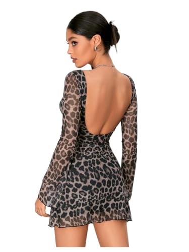 WDIRARA Women's Y2k Leopard Print Dress Mesh Bell Long Sleeve Backless Mini Dresses A Leopard Small