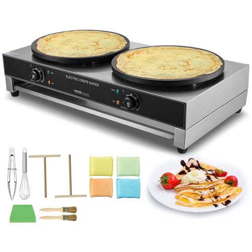 VEVOR Electric Crepe Maker, 16-Inch Double Head Commercial Crepe Machine, 3400W Flat Plate Crepe Griddle, Nonstick Stainless Steel Pancake Making, Desktop Circular Cereals Pancake Stove, Temp Control