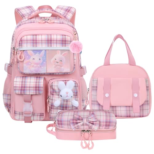 NSEQB 3PCS Girls Backpack Set With Lunch Bag and Multi-Compartment Pencil Case,Cute Girls School Backpack For Kids,Childrens Schoolbag For Kindergarten Elementary Primary（Pink）