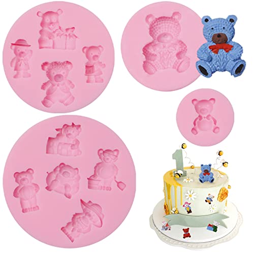 Teddy Bear Chocolate Silicone Molds 4 Pcs, Cute Baby Bears Fondant Mold for Cake Decoration, Candy Sugar, Cupcake Topper, Cake Pop, Popsicle, Candle, Resin, Polymer Clay Crafts