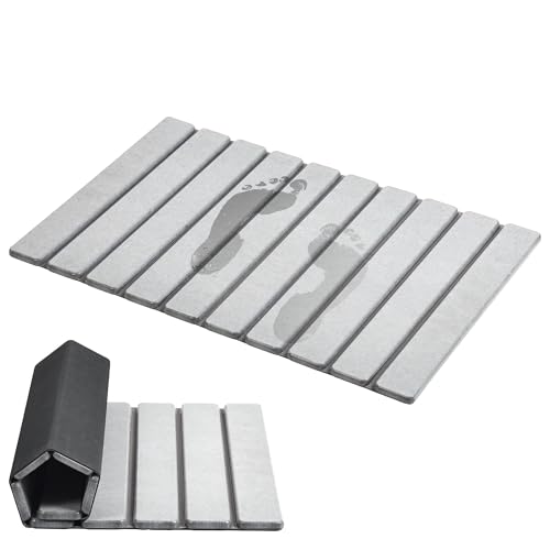 AWW Foldable Stone Bath Mat, Super Absorbent Diatomite, Non-Slip Quick Drying Mat, Compact, Light Grey, 23.62x15.47 Inches
