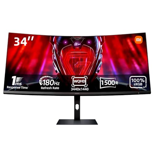 Xiaomi Curved Gaming Monitor 34-inch 180Hz High Reshed Rate 1ms Fast FreeSync Premium Professional Calibration 95% DCI-P3 100% sRGB* Low Blue Light Computer Screen Monitor Desktop Monitor
