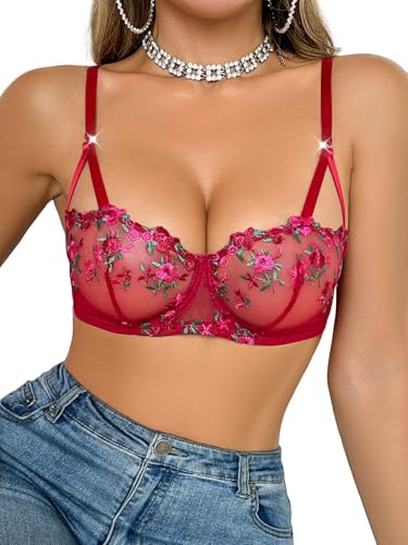 changlizi Mesh Balconette Bras for Women,Flower Sexy Red Unlined Underwire Push Up Bra