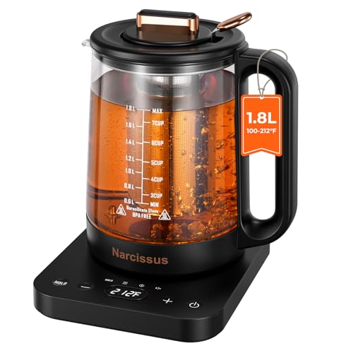 Narcissus Electric Kettle Temperature Control ±5℉, 1.8L Glass Electric Tea Kettle with Removable Infuser for Flowers & Fruit Tea, 1200W Fast Boiling, 6 Hours Keep Warming, Black