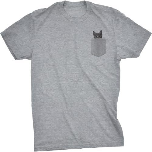 Mens Pocket Cat T Shirt Funny Printed Peeking Pet Kitten Animal Tee for Guys Mens Funny T Shirts Cat Apparel for Men Funny Animal T Shirt Novelty Tees for Light Grey L