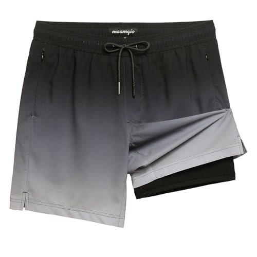 maamgic 2 in 1 Mens Swim Trunks 7 Inch Swim Shorts Swim Suits Board Shorts Gray Gradient Black M