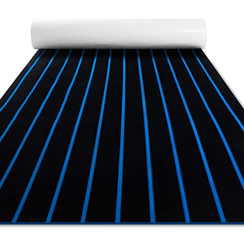 Fullfire Boat Flooring - EVA Foam Boat Decking - Faux Teak Marine Mat Self-Adhesive Marine Carpet for Motorboat RV Yacht Kayak 94" x 47" Black with Blue Lines