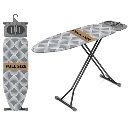 KINGBOARD Ironing Board, Metal Panel Iron Board Full Size with Iron Rest, Compact Iron Board with 7 Height Adjustable, Heavy Duty Folding Iron Stand with Hanger, 15x45 Grey