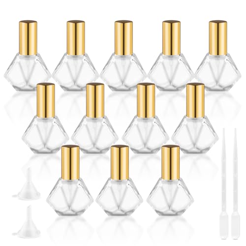 DynnnDy 12 Pack 8ml Diamond-Shaped Glass Perfume Bottles with Gold Spray Head Fine Mist Atomizer Portable Cosmetic Liquid Bottles Refillable Fragrance Dispenser