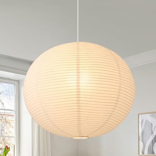 Fivemengo Large Rice Paper Pendant Light, 20in White Globe Paper Lantern Lights, E26 Base, Japanese Hanging Lantern Lamp Japandi Chandelier for Dining Room Bedroom Office Living Room