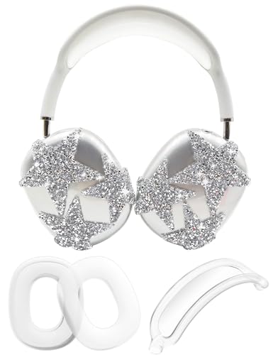 3 in 1 Bling Case Cover for AirPod Max, Clear TPU Glittering Rhinestones Stars Protective Ear Cups Covers Silicone Earpad Headband Covers Compatible for Apple AirPods Max Headphones (Star)