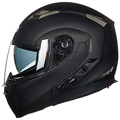 ILM Bluetooth Integrated Modular Flip up Full Face Motorcycle Helmet Sun Shield Mp3 Intercom Model 953PRO (XL, Matte Black)