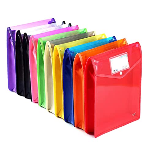 Plastic Document File Folder A4 Size Expandable Poly Envelopes Waterproof Transparent File Pouch with Snap Closure & Label Pocket Assorted Colors for School Office Organization (Vertical,10 Pack)