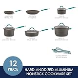 Rachael Ray Cucina Hard Anodized Nonstick Cookware Pots and Pans Set, 12 Piece, Gray with Blue Handles