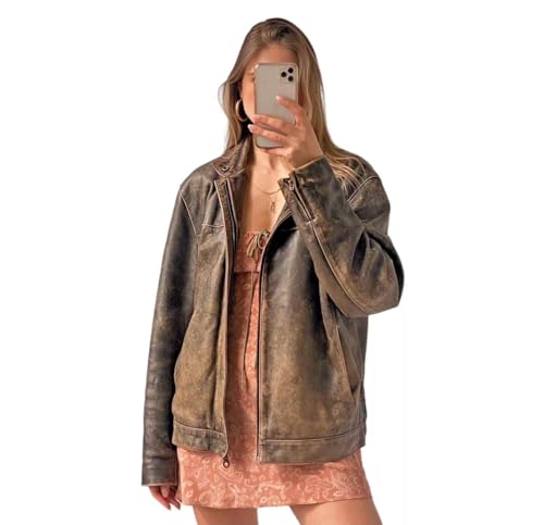 Oversized Distressed Leather Women Antique Jacket Lightweight Biker Genuine Sheep Brown Leather Loose Fit Coat (Large)